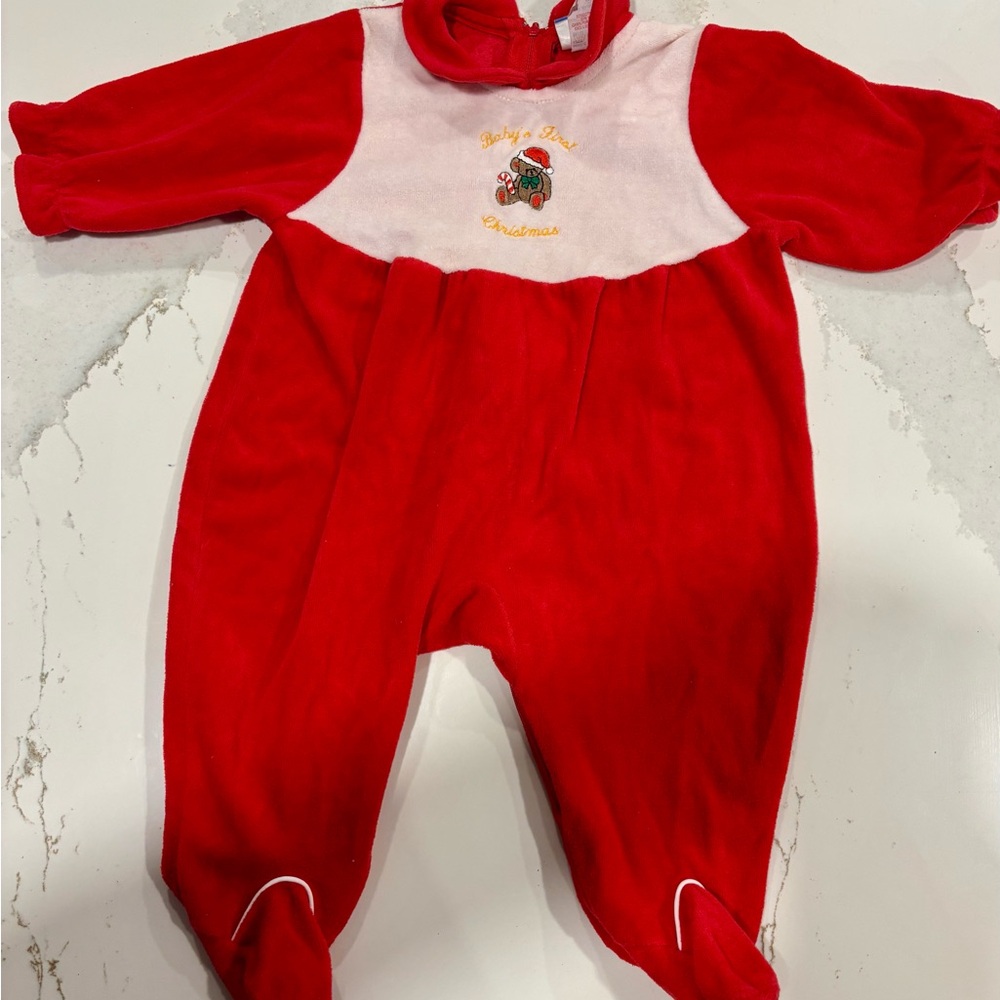 Baby's First Christmas Red Plush One-Piece Footed Sleeper 80s vintage